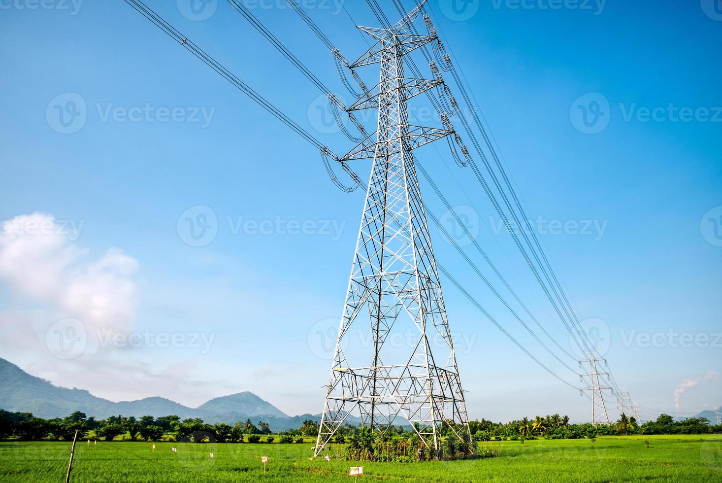 linha de transmissão elétrica aérea cruzando o campo de arroz foto