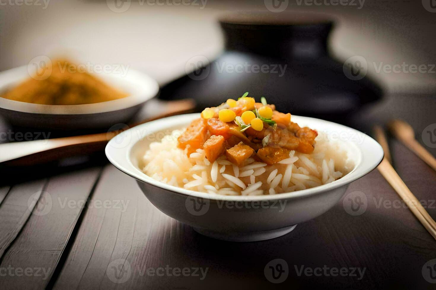 uma tigela do arroz com carne e legumes em topo. gerado por IA foto