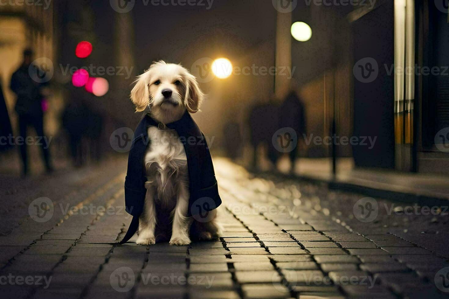 uma cachorro dentro uma capa sentado em a rua às noite. gerado por IA foto