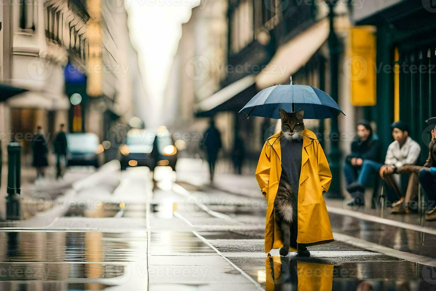 uma pessoa caminhando baixa uma rua com a guarda-chuva. gerado por IA foto