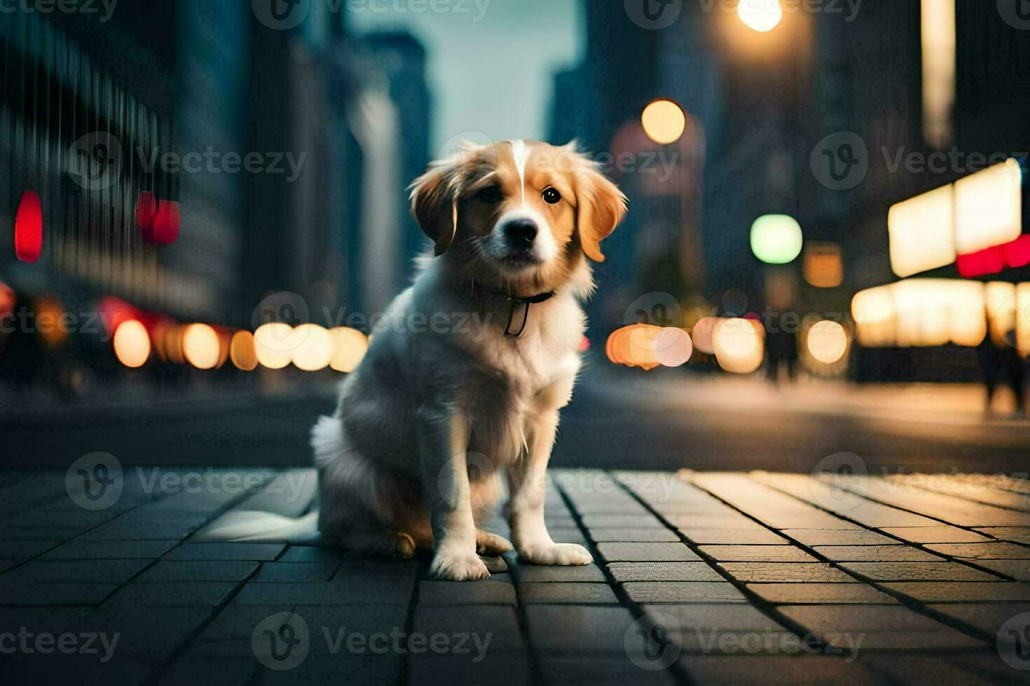 uma cachorro sentado em a rua às noite. gerado por IA foto