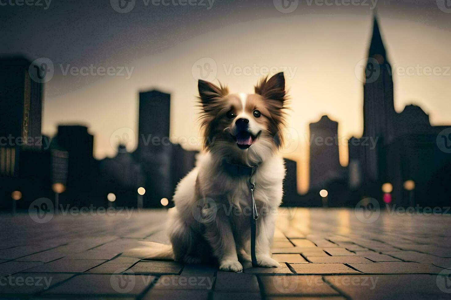 uma cachorro sentado em uma tijolo passarela dentro frente do uma cidade Horizonte. gerado por IA foto