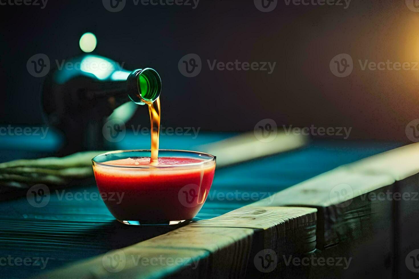 uma vidro do suco ser derramado para dentro uma copo. gerado por IA foto