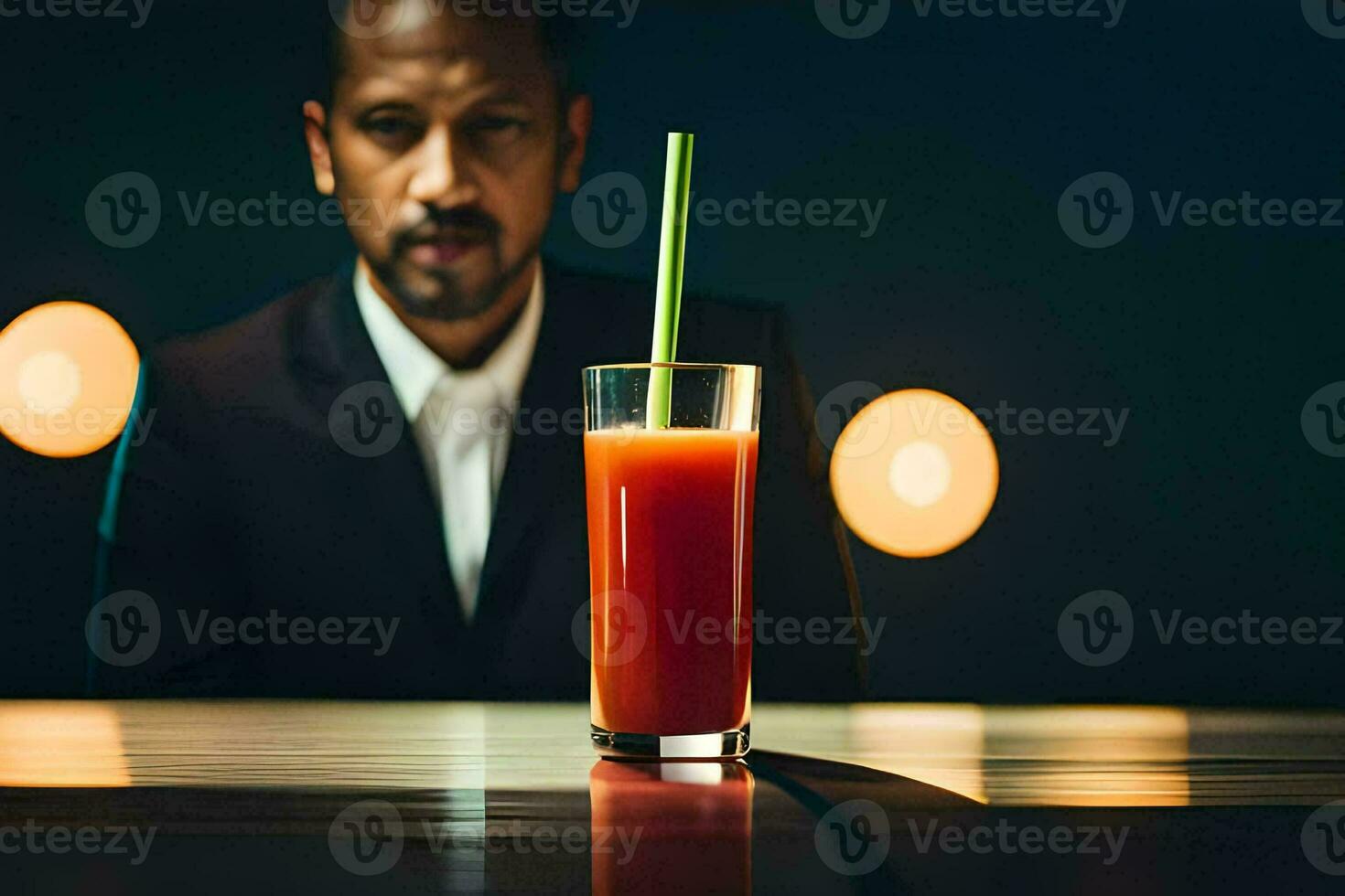 uma homem dentro uma terno sentado às uma mesa com uma vidro do suco. gerado por IA foto