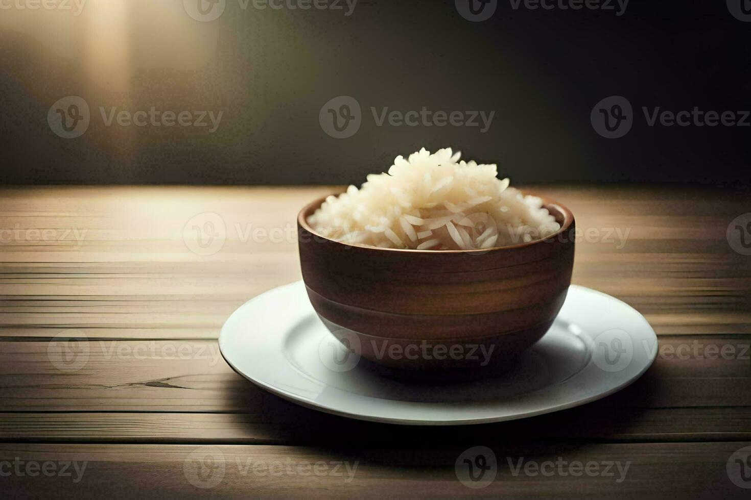 uma tigela do arroz em uma de madeira mesa. gerado por IA foto