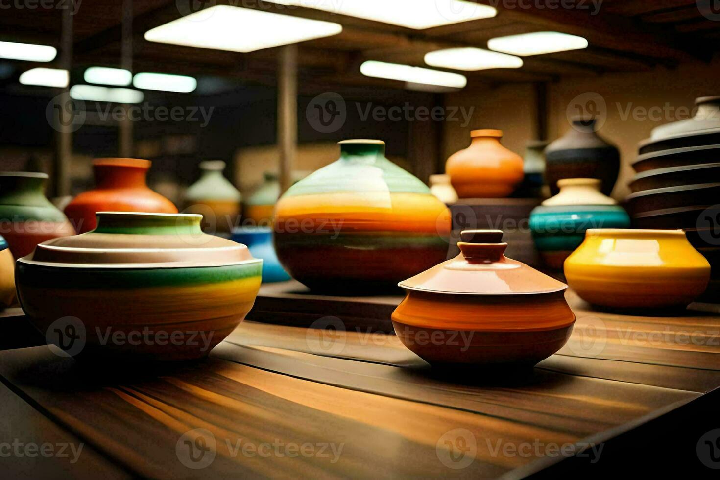 uma coleção do colorida vasos em uma de madeira mesa. gerado por IA foto