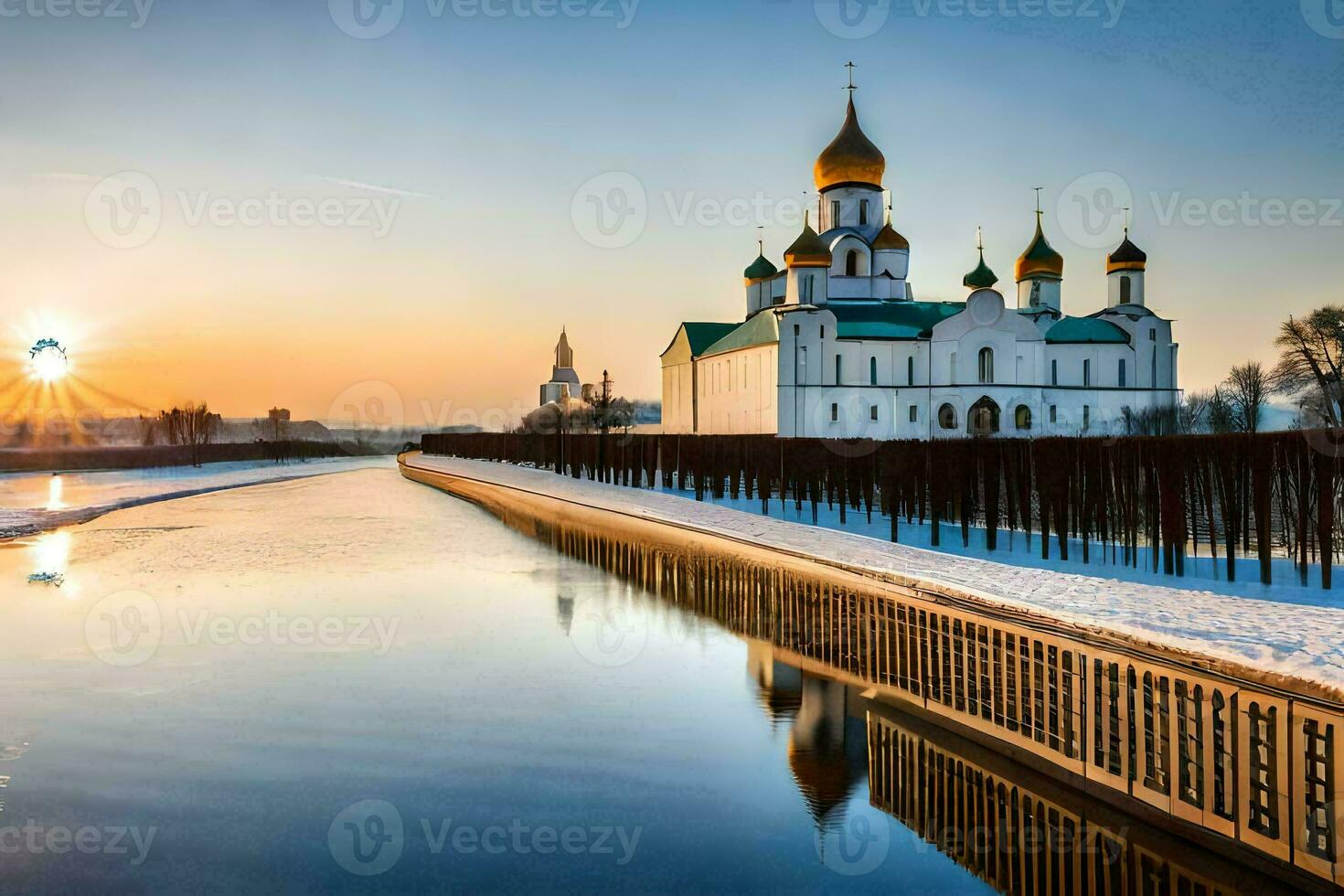 a Sol sobe sobre a kremlin dentro inverno. gerado por IA foto