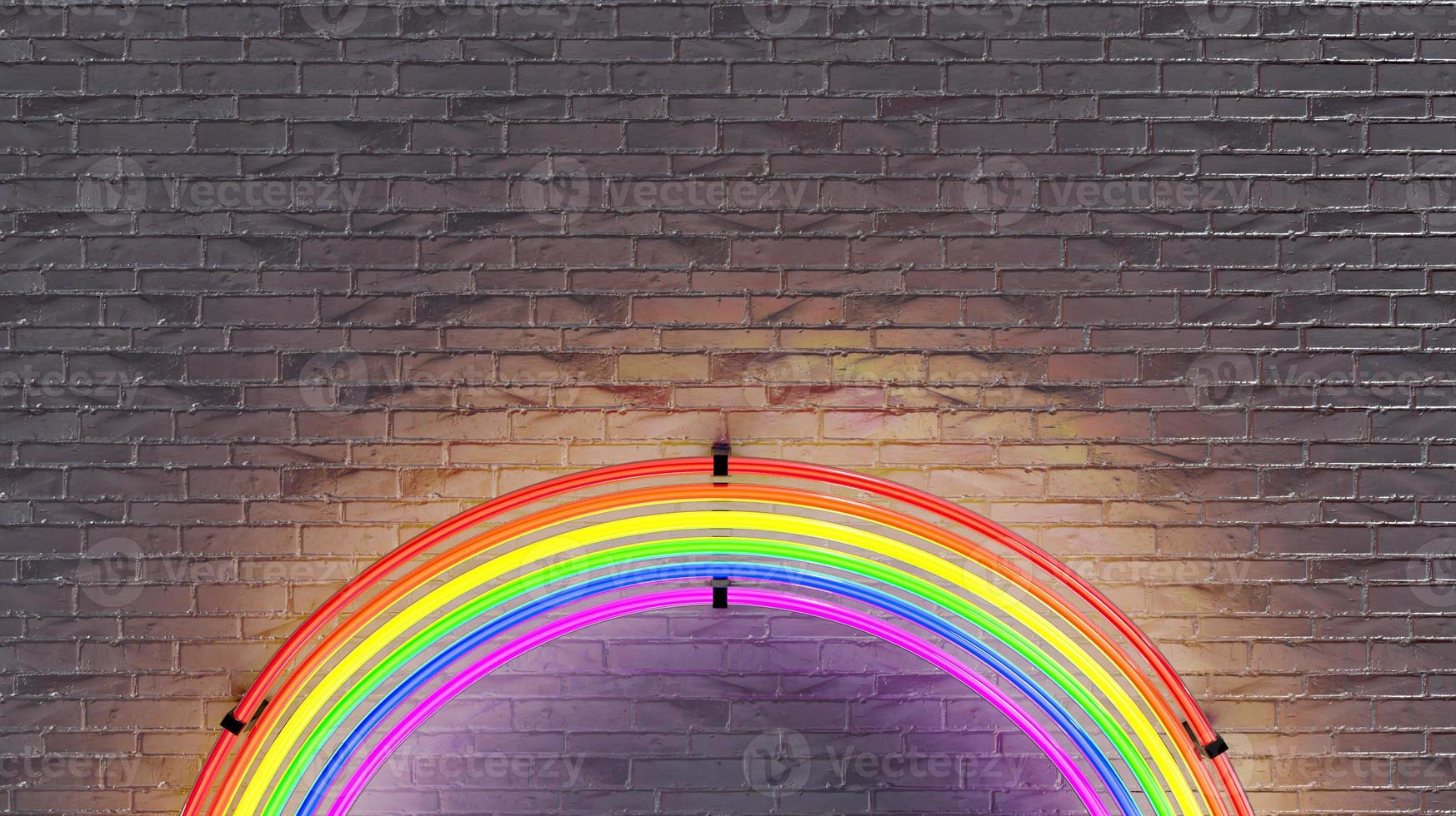 lâmpada de néon do arco-íris na parede de tijolos. Renderização 3D foto