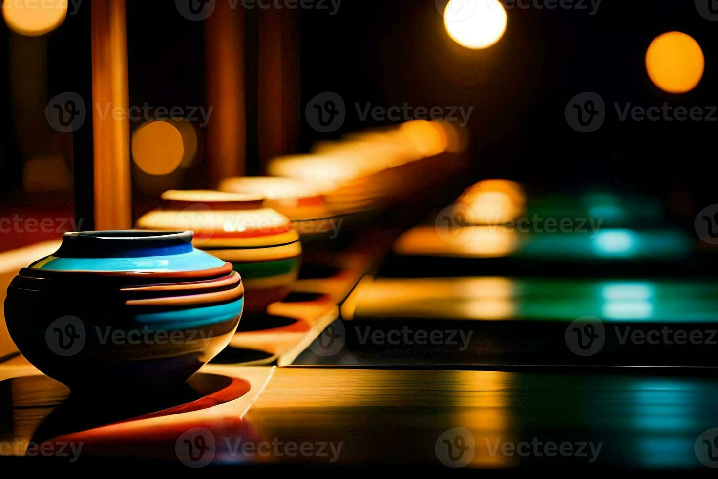 uma linha do colorida vasos em uma mesa. gerado por IA foto