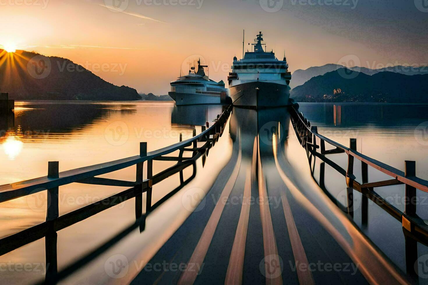 dois barcos ancorado às a fim do uma doca. gerado por IA foto