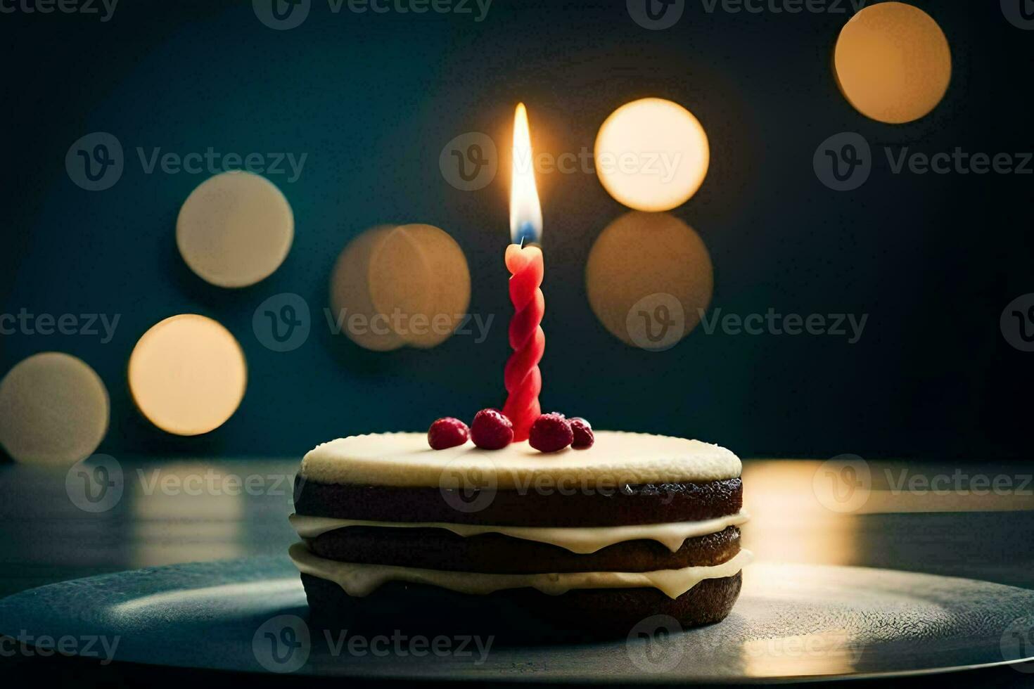 uma aniversário bolo com uma solteiro vela em topo. gerado por IA foto