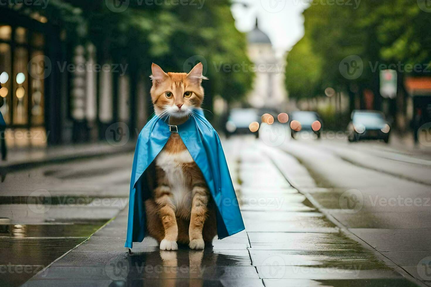 uma gato vestindo uma azul capa em uma chuvoso rua. gerado por IA foto