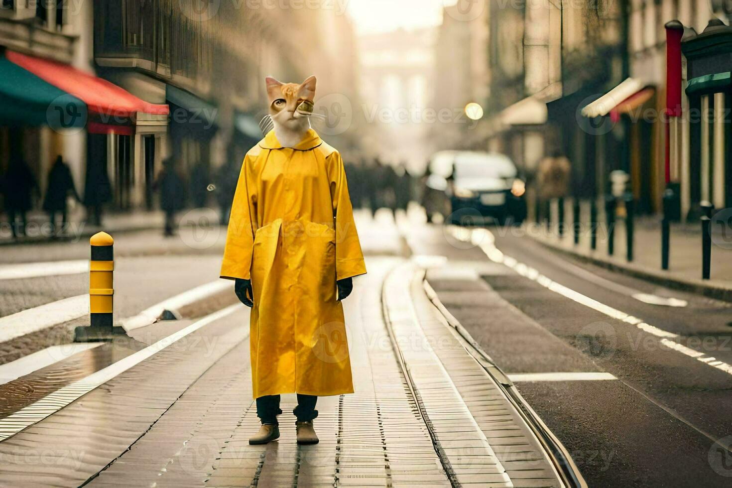uma pessoa vestindo uma amarelo capa de chuva e uma Raposa mascarar. gerado por IA foto