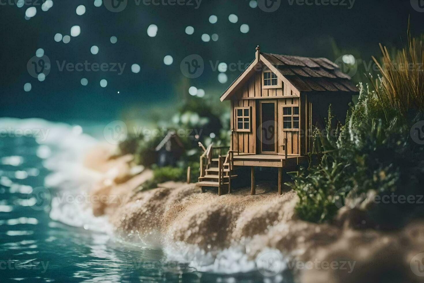 uma miniatura casa em a costa do uma lago. gerado por IA foto