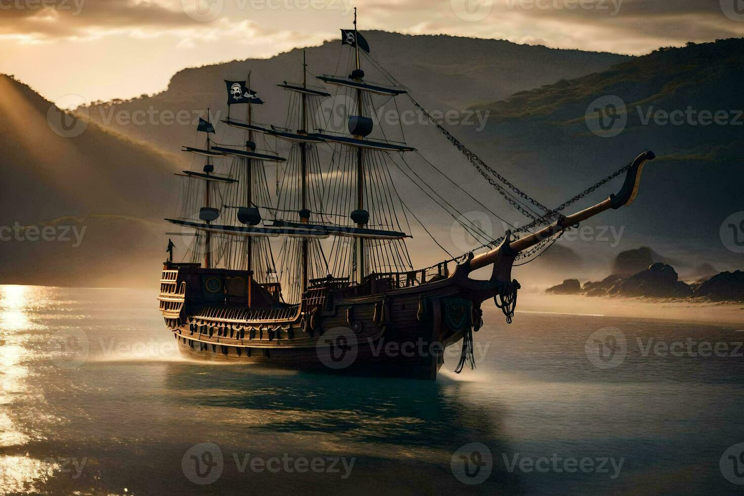 uma pirata navio Navegando dentro a oceano. gerado por IA foto