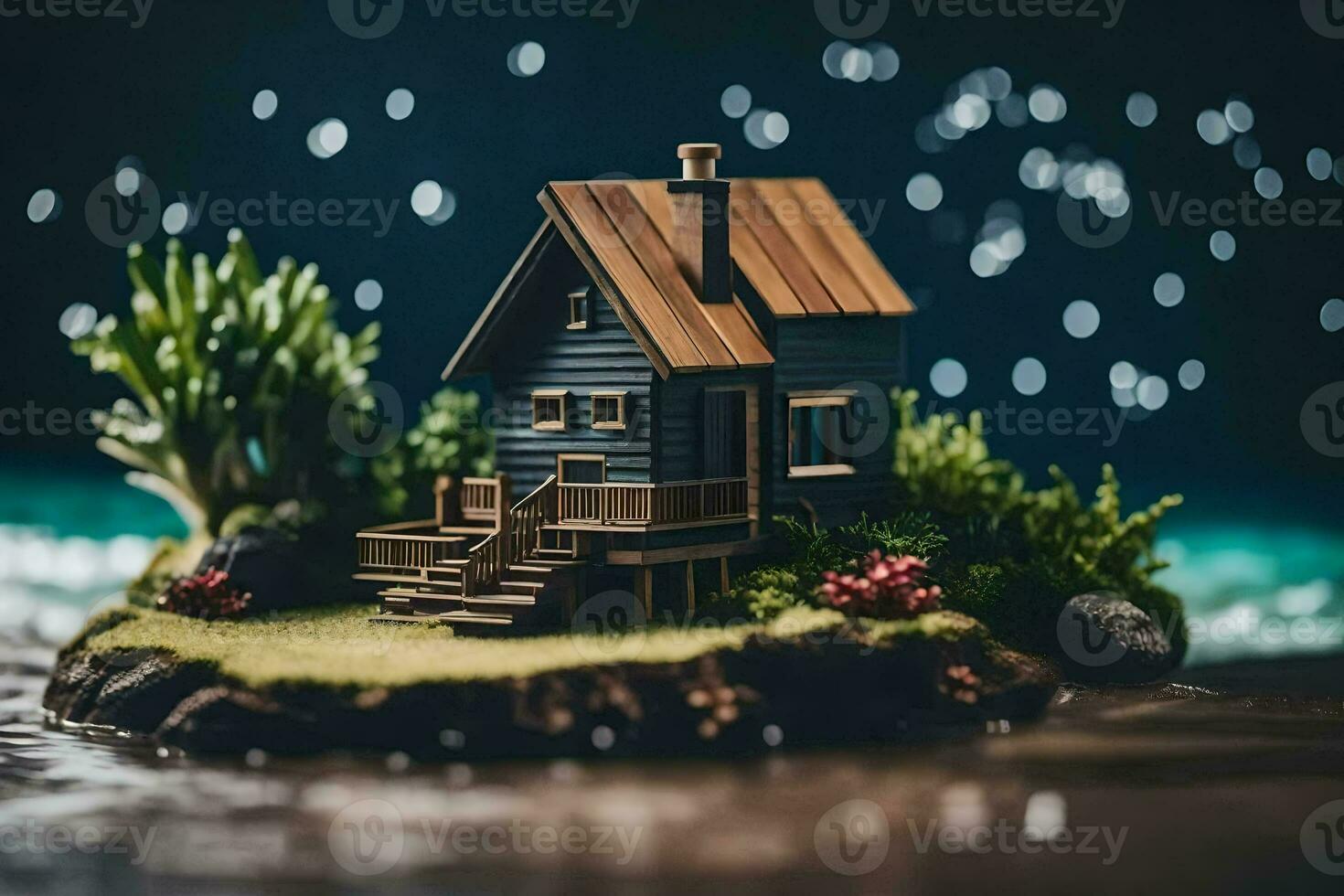 uma miniatura casa em uma pequeno ilha dentro a oceano. gerado por IA foto