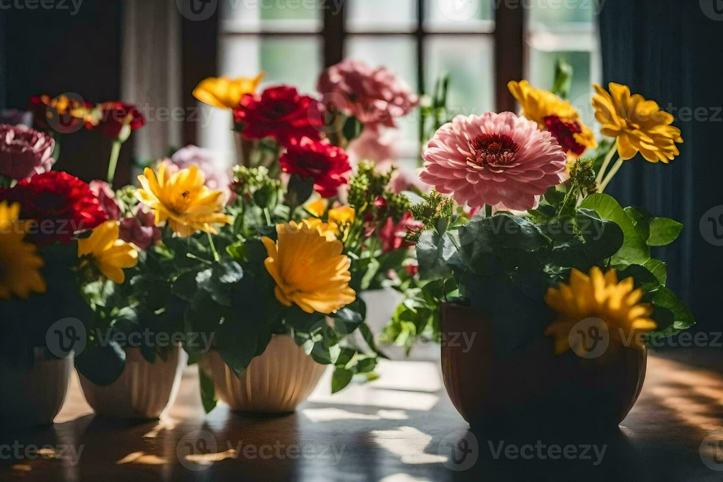 flores dentro vasos em uma mesa. gerado por IA foto