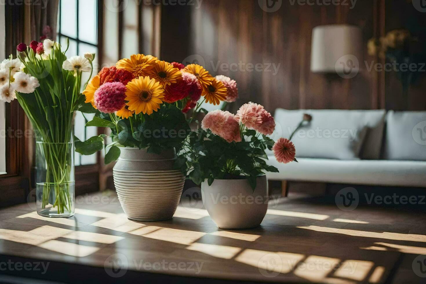 flores dentro vasos em uma mesa dentro uma vivo sala. gerado por IA foto