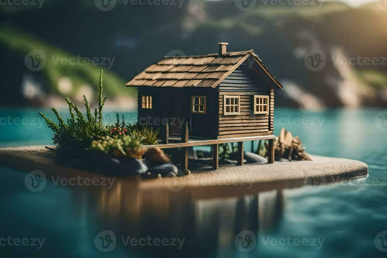 uma miniatura casa em a ilha dentro a meio do a água. gerado por IA foto