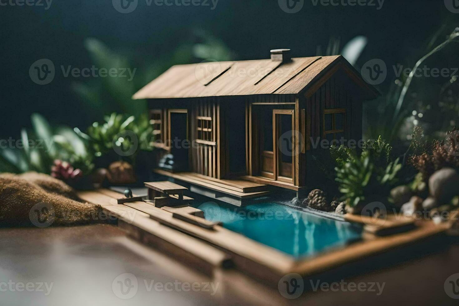 uma miniatura casa com uma piscina e plantas. gerado por IA foto