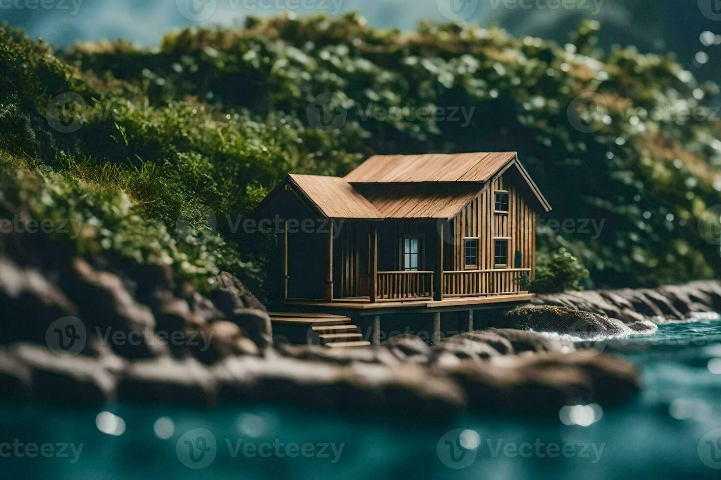 minúsculo casa em a pedras de a água. gerado por IA foto