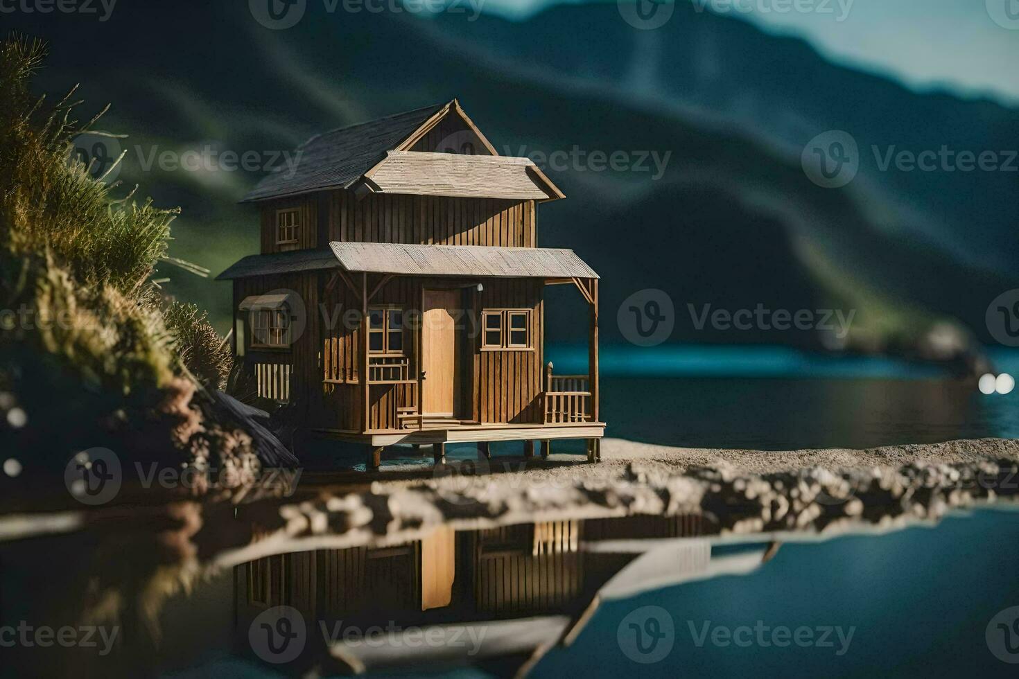 uma miniatura casa em a costa do uma lago. gerado por IA foto