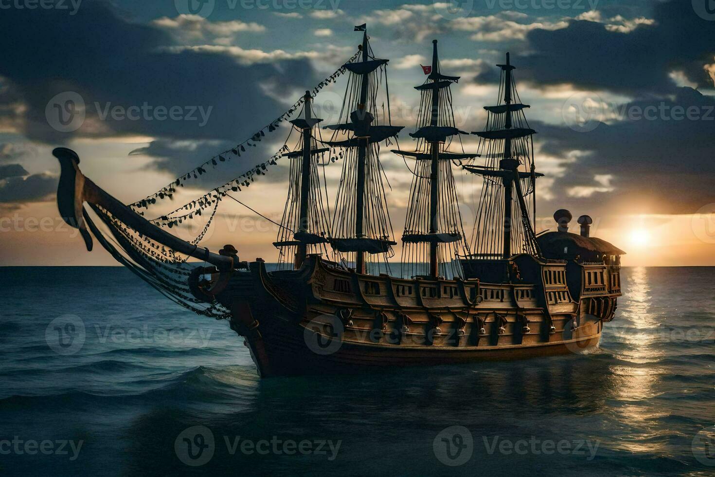 uma pirata navio dentro a oceano às pôr do sol. gerado por IA foto