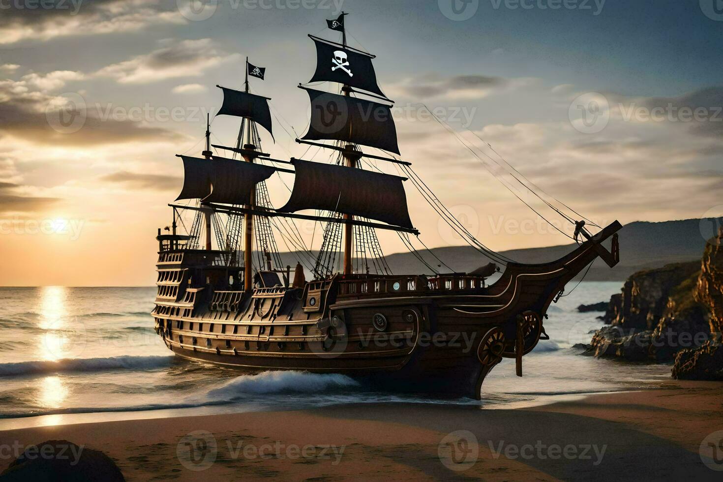 pirata navio em a de praia às pôr do sol. gerado por IA foto