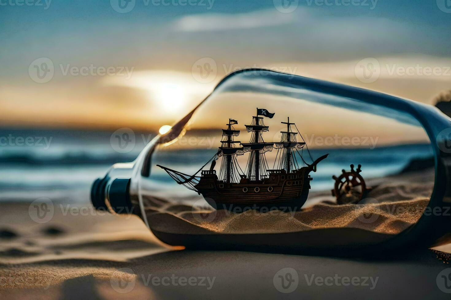 uma navio dentro uma garrafa em a de praia com uma pôr do sol dentro a fundo. gerado por IA foto