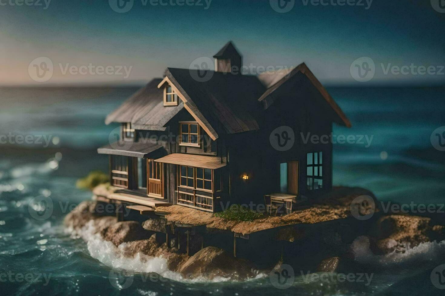 uma miniatura casa em uma Rocha dentro a oceano. gerado por IA foto