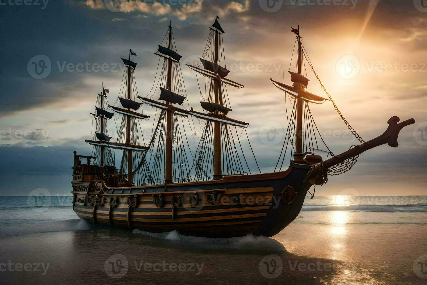 uma pirata navio em a de praia às pôr do sol. gerado por IA foto