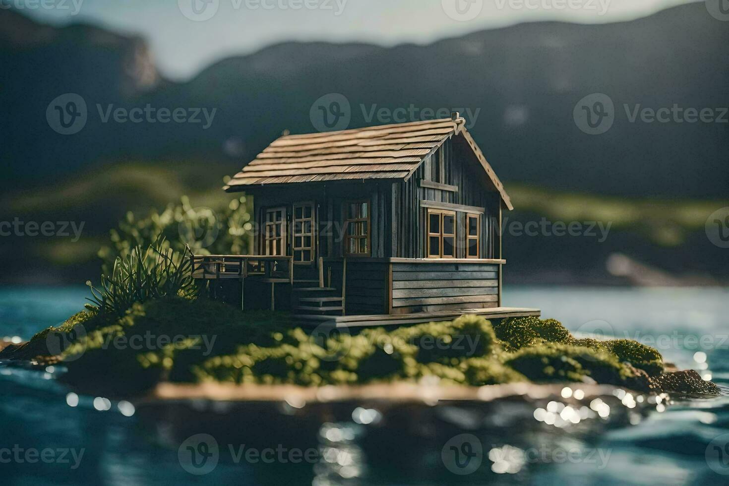 uma pequeno casa em a ilha dentro a meio do a oceano. gerado por IA foto