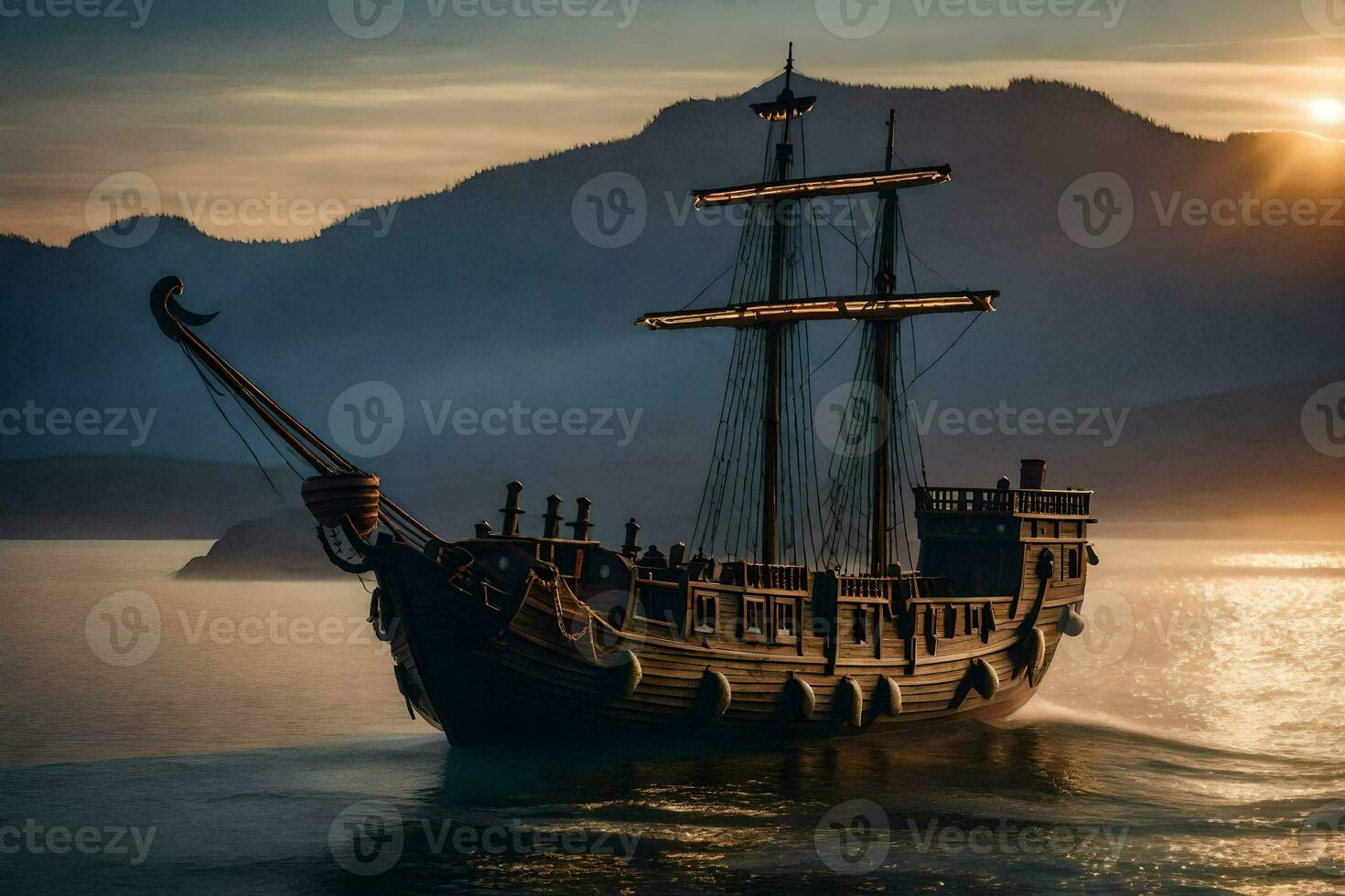 uma pirata navio dentro a oceano às pôr do sol. gerado por IA foto