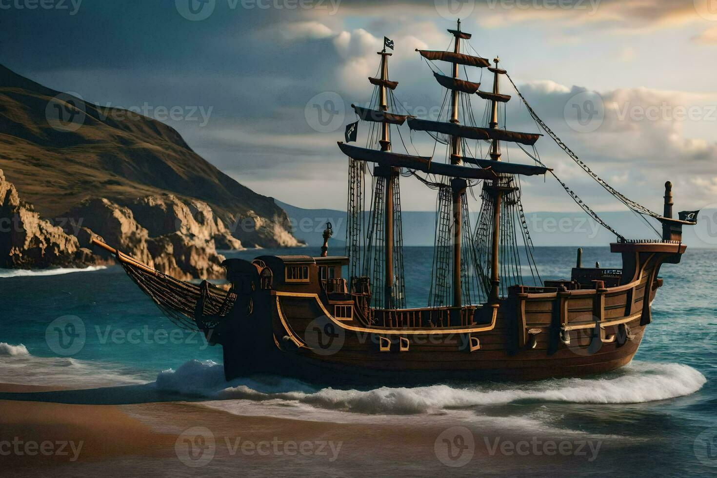 uma pirata navio é Navegando em a oceano. gerado por IA foto