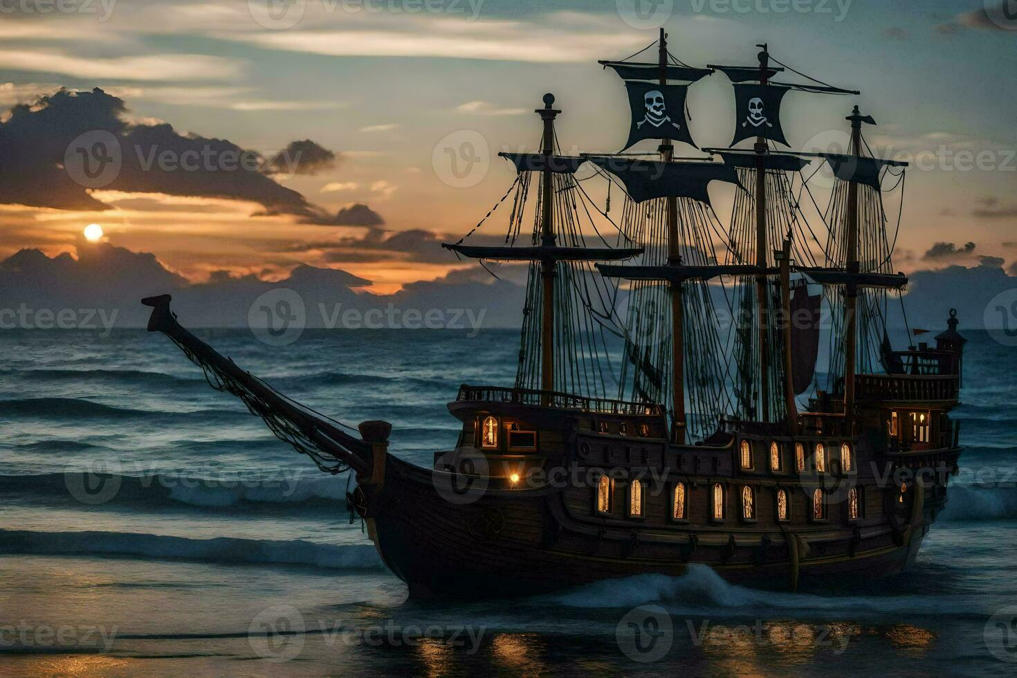 uma pirata navio é Navegando dentro a oceano às pôr do sol. gerado por IA foto