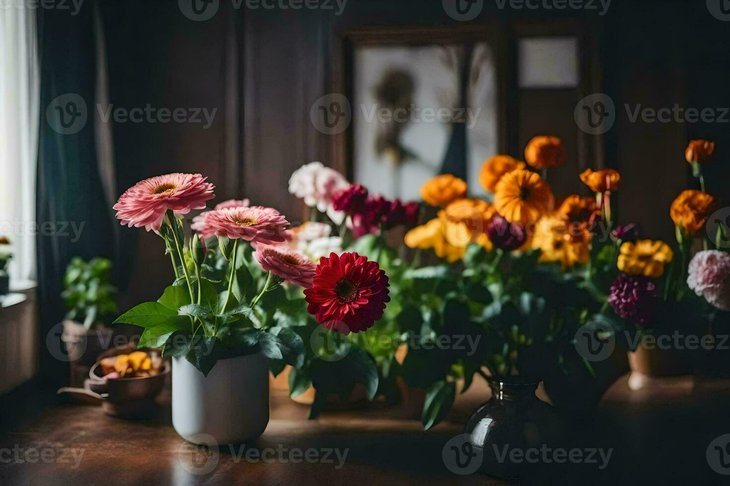 flores dentro vasos em uma mesa. gerado por IA foto