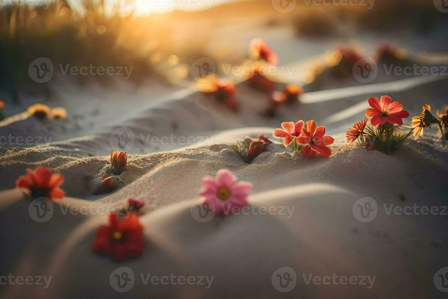 foto papel de parede areia, flores, a deserto, a sol, areia, flores, a deserto,. gerado por IA