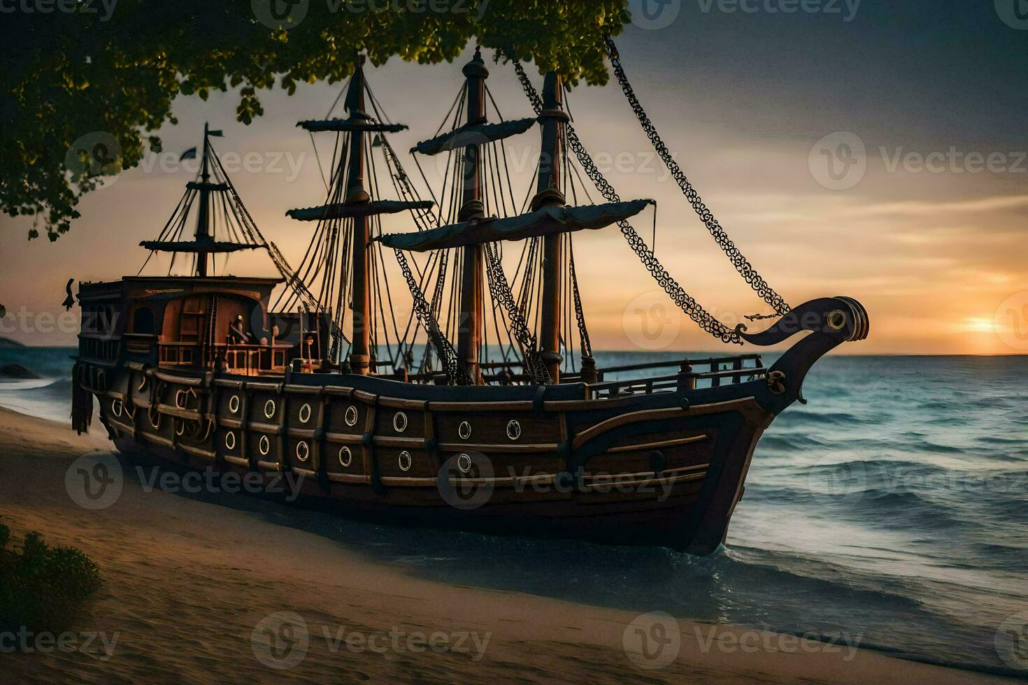 uma pirata navio em a de praia às pôr do sol. gerado por IA foto