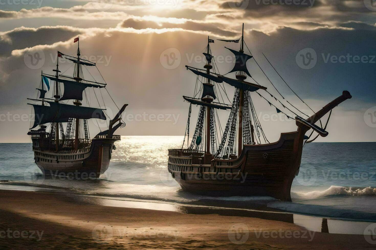 dois navios em a de praia às pôr do sol. gerado por IA foto