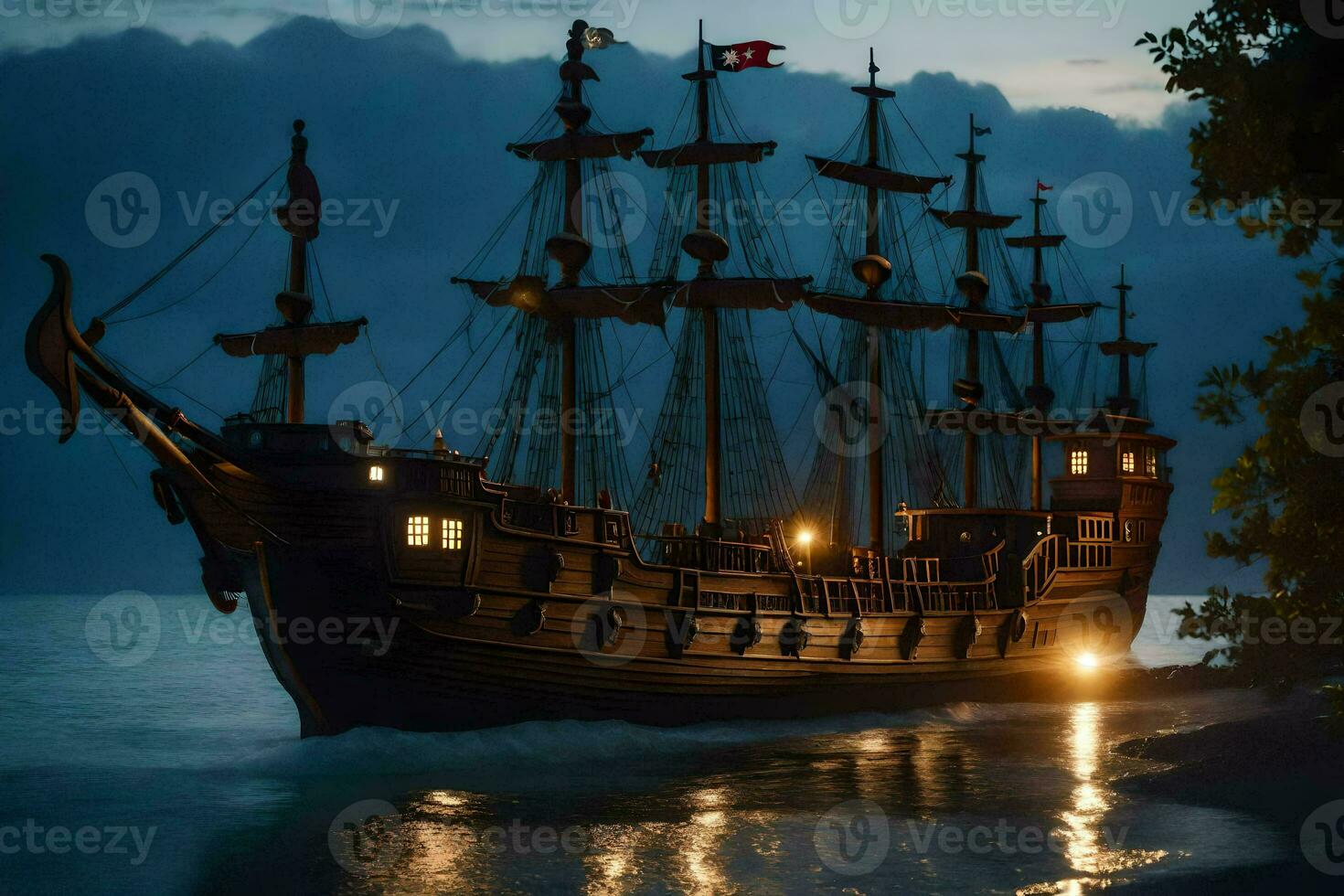 uma pirata navio é em a água às noite. gerado por IA foto