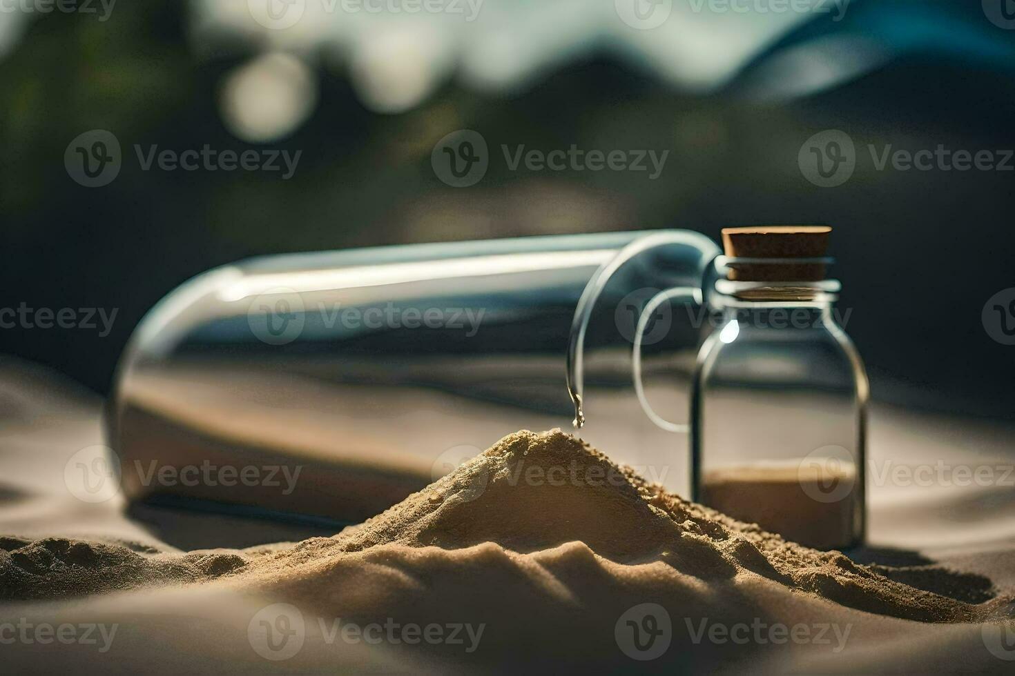 uma garrafa do areia e uma vidro garrafa do areia. gerado por IA foto