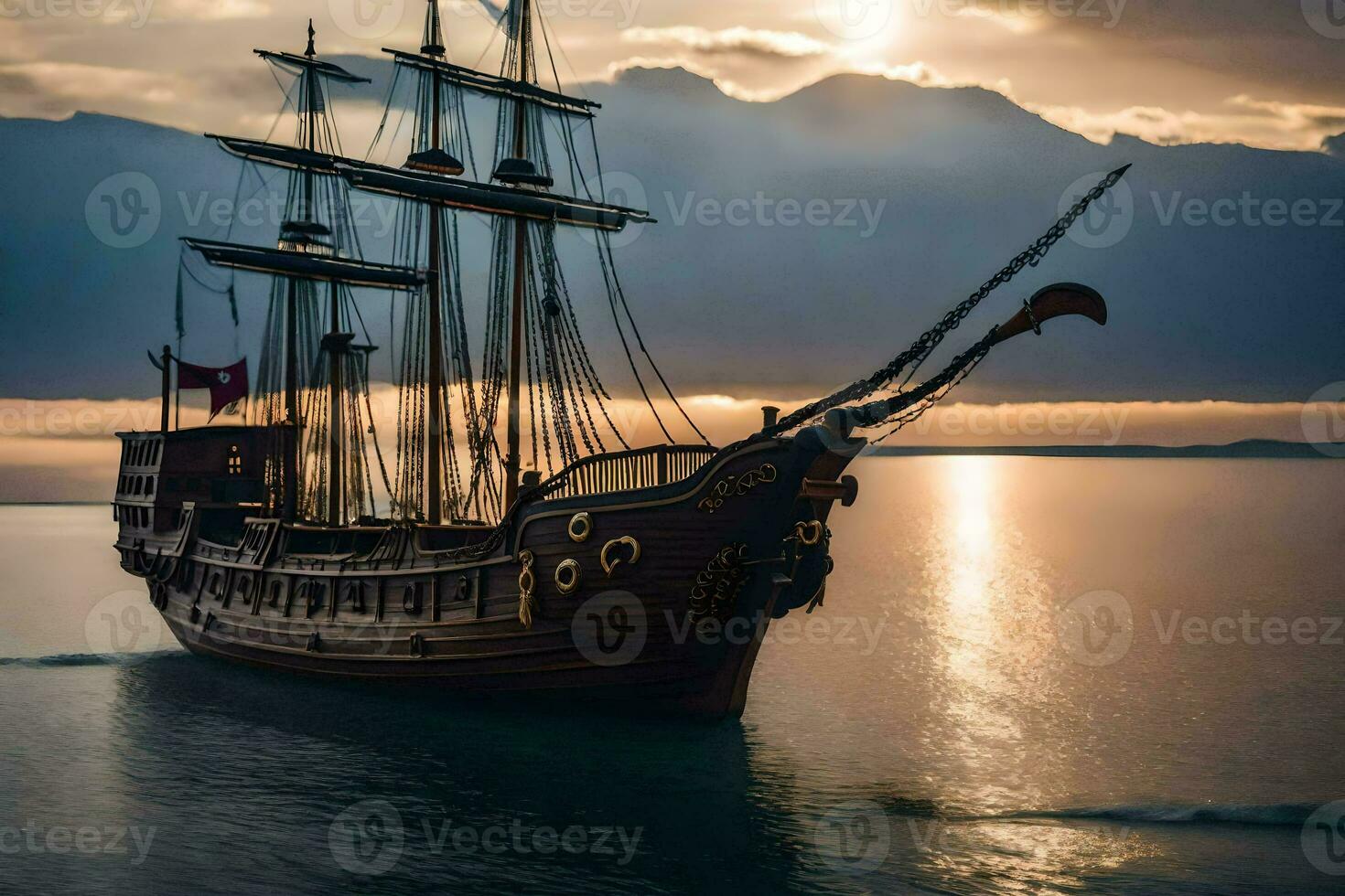 uma pirata navio é Navegando dentro a oceano. gerado por IA foto