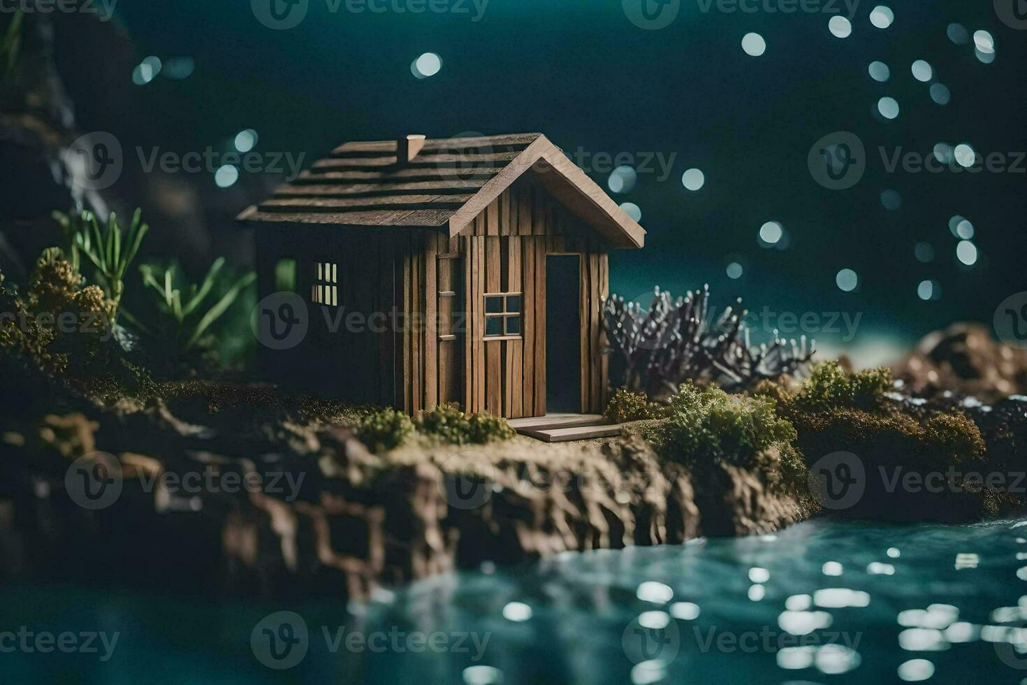 uma miniatura casa em uma pequeno ilha dentro a água. gerado por IA foto