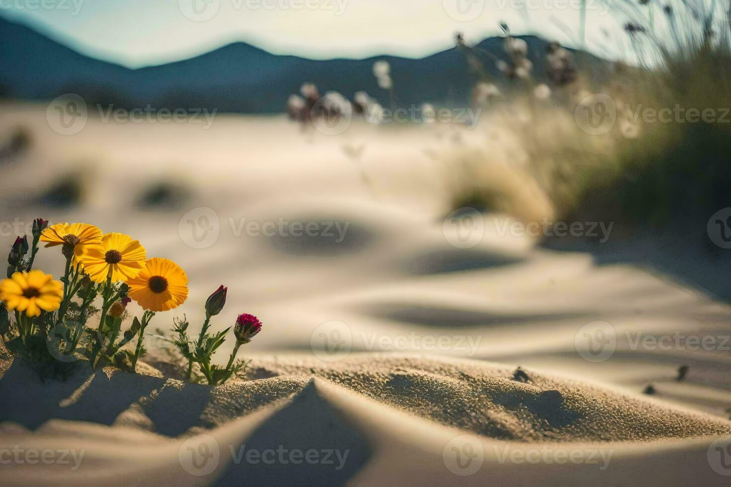 flores silvestres dentro a deserto. gerado por IA foto