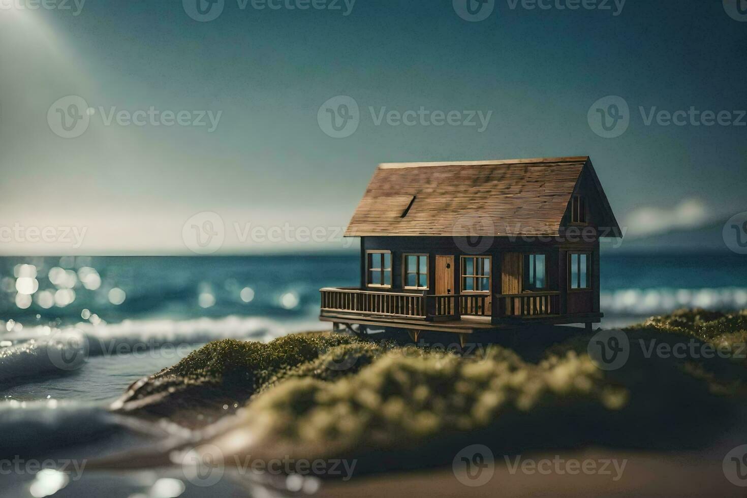 uma miniatura casa em a de praia. gerado por IA foto