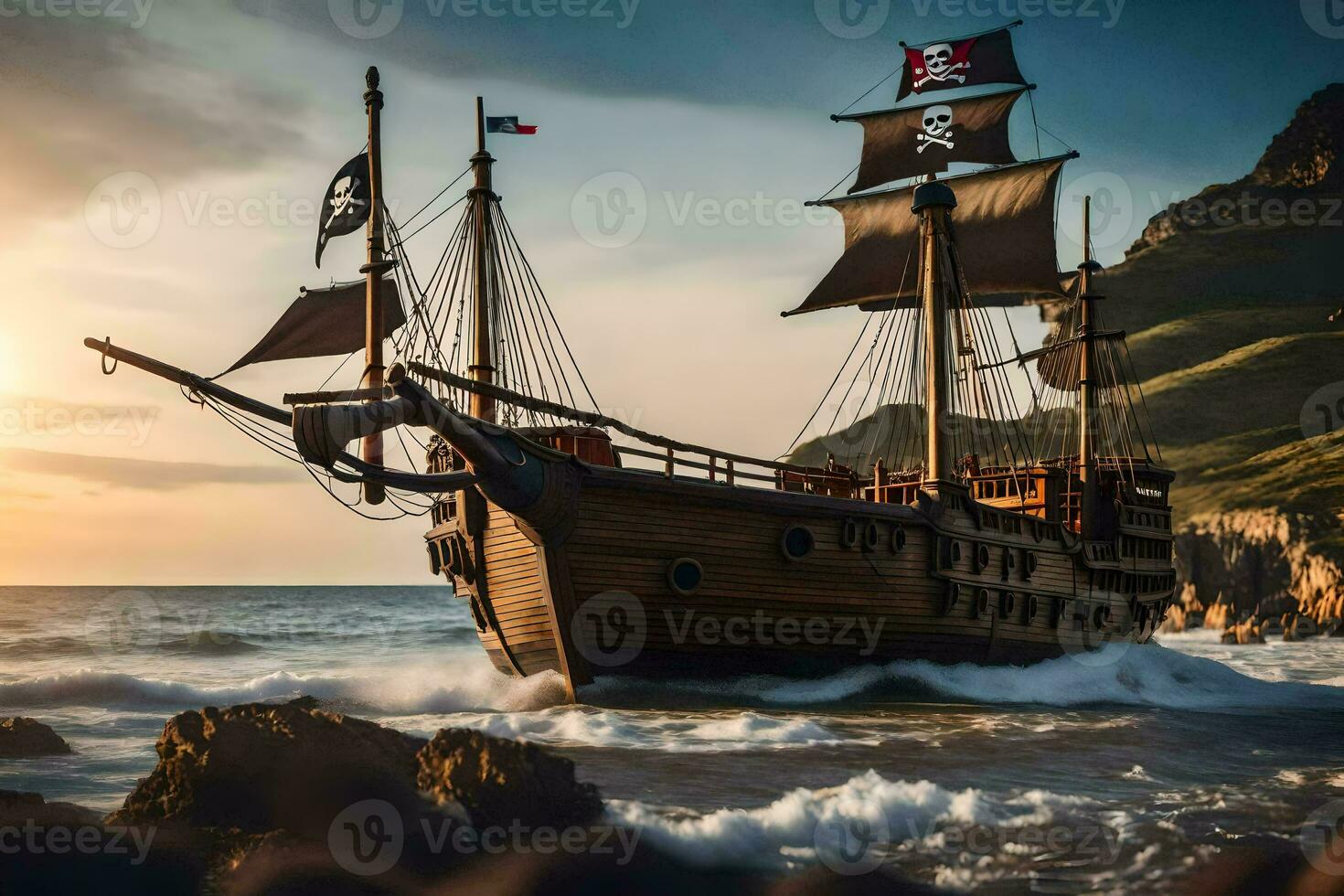 uma pirata navio dentro a oceano às pôr do sol. gerado por IA foto