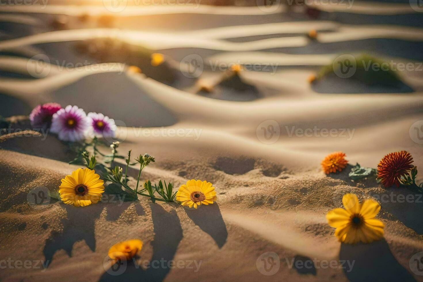 flores dentro a deserto às pôr do sol. gerado por IA foto