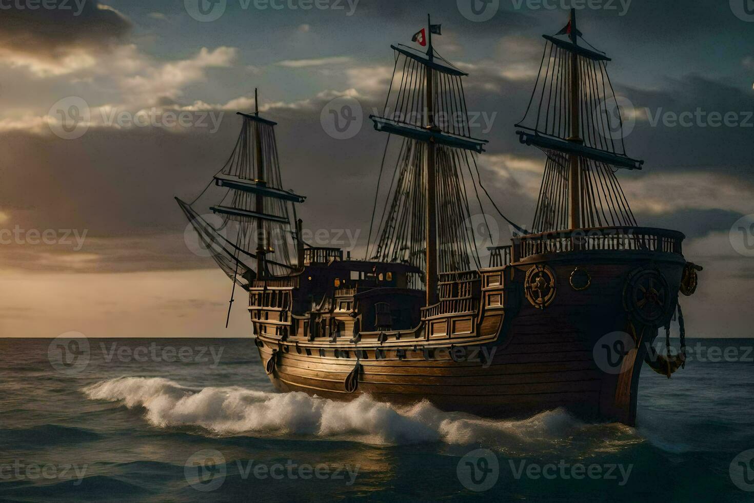 uma pirata navio dentro a oceano às pôr do sol. gerado por IA foto