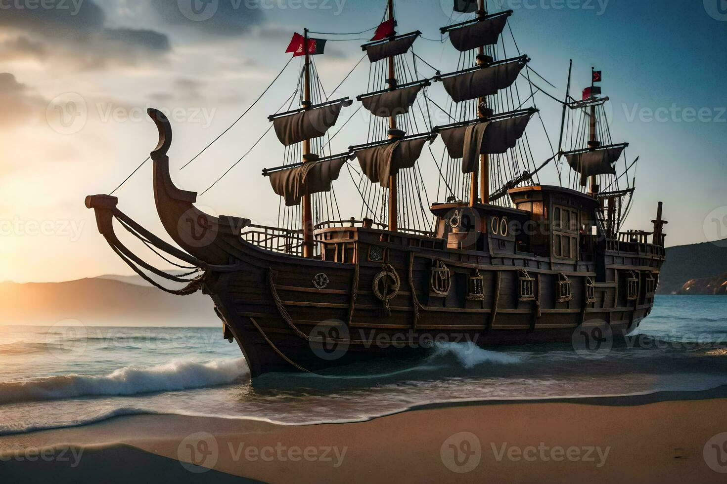 uma pirata navio em a de praia às pôr do sol. gerado por IA foto