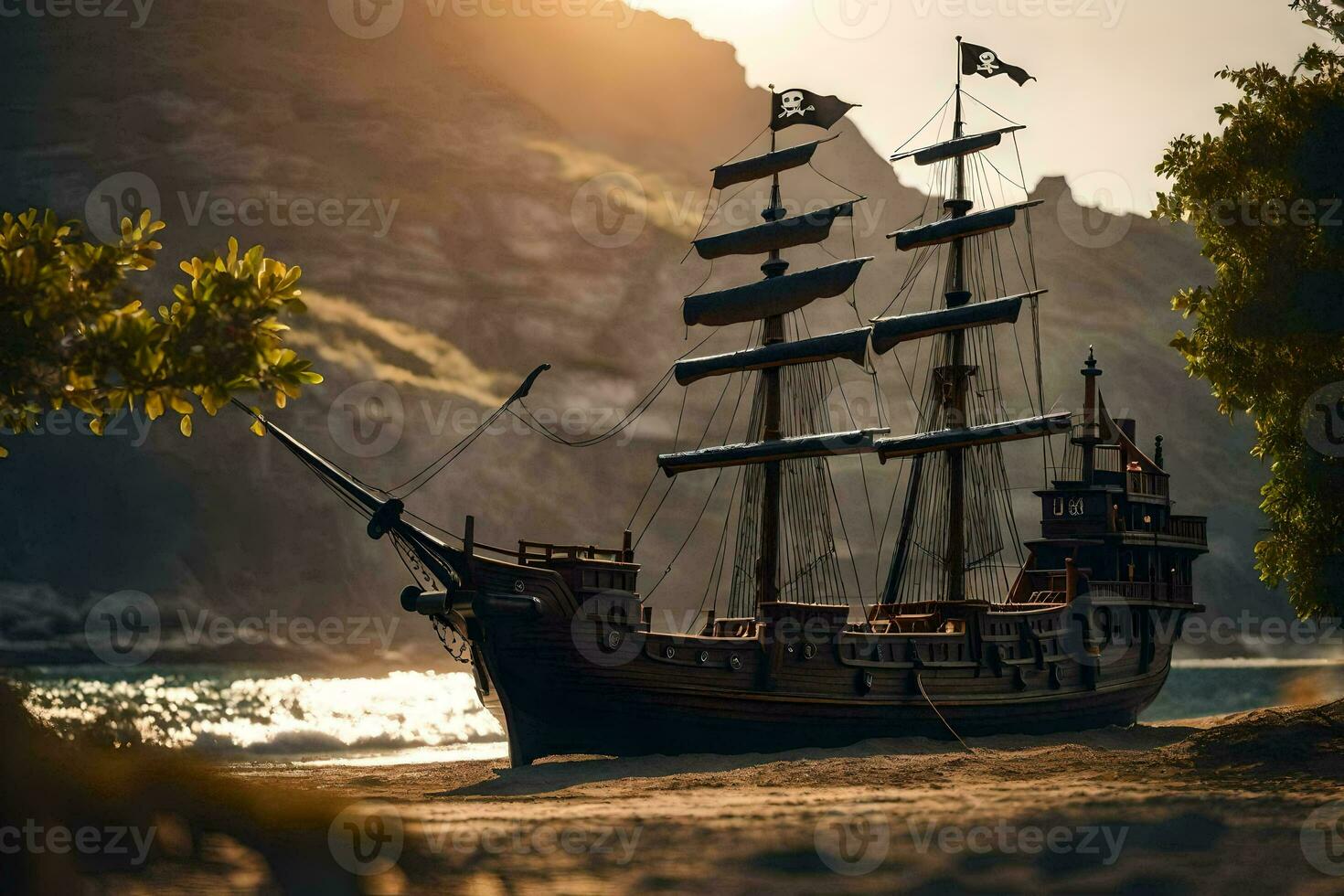 uma pirata navio é em a de praia perto uma montanha. gerado por IA foto